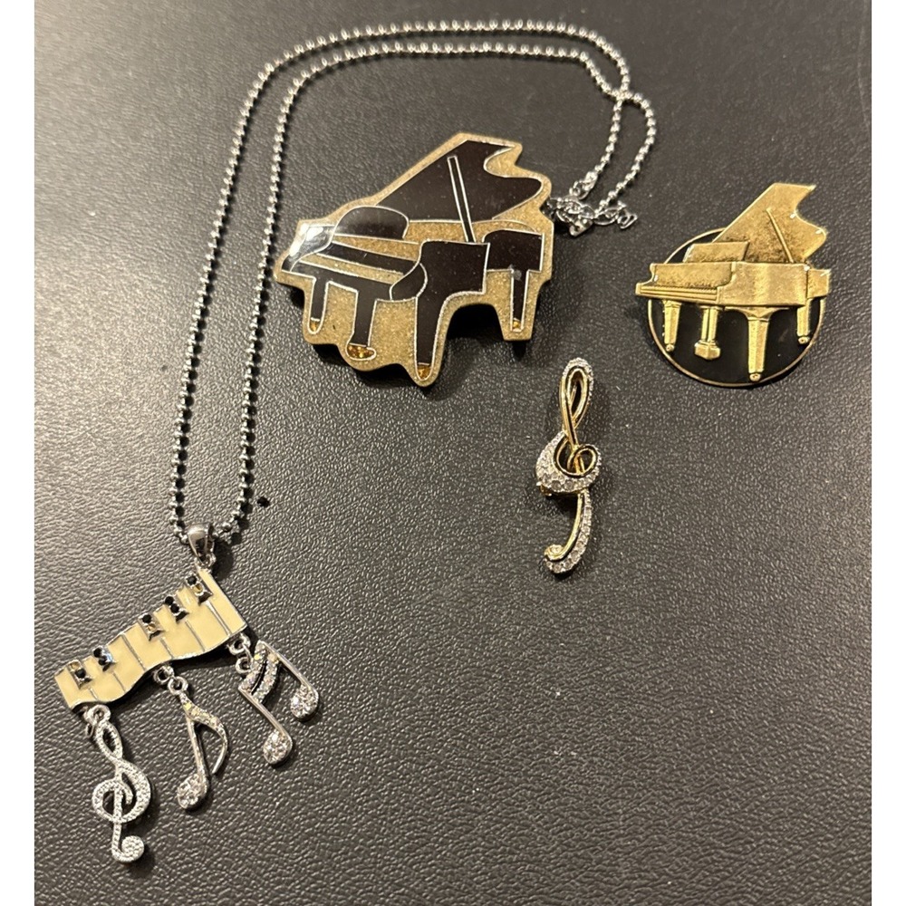 Piano Music Musical Notes Rhinestone Necklace Pendants Brooch Set Of 4 Variety